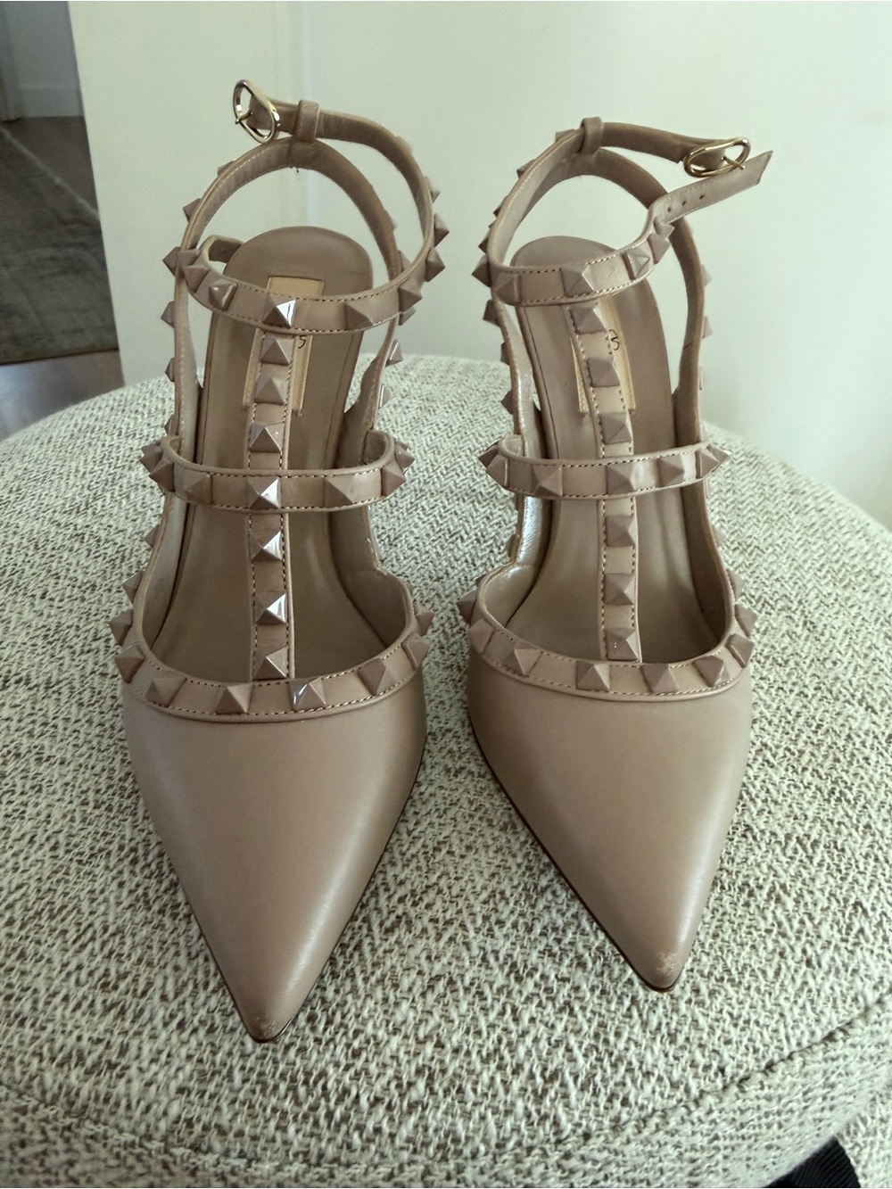 Valentino Rockstud Strappy Pointed-Toe Pumps in Taupe